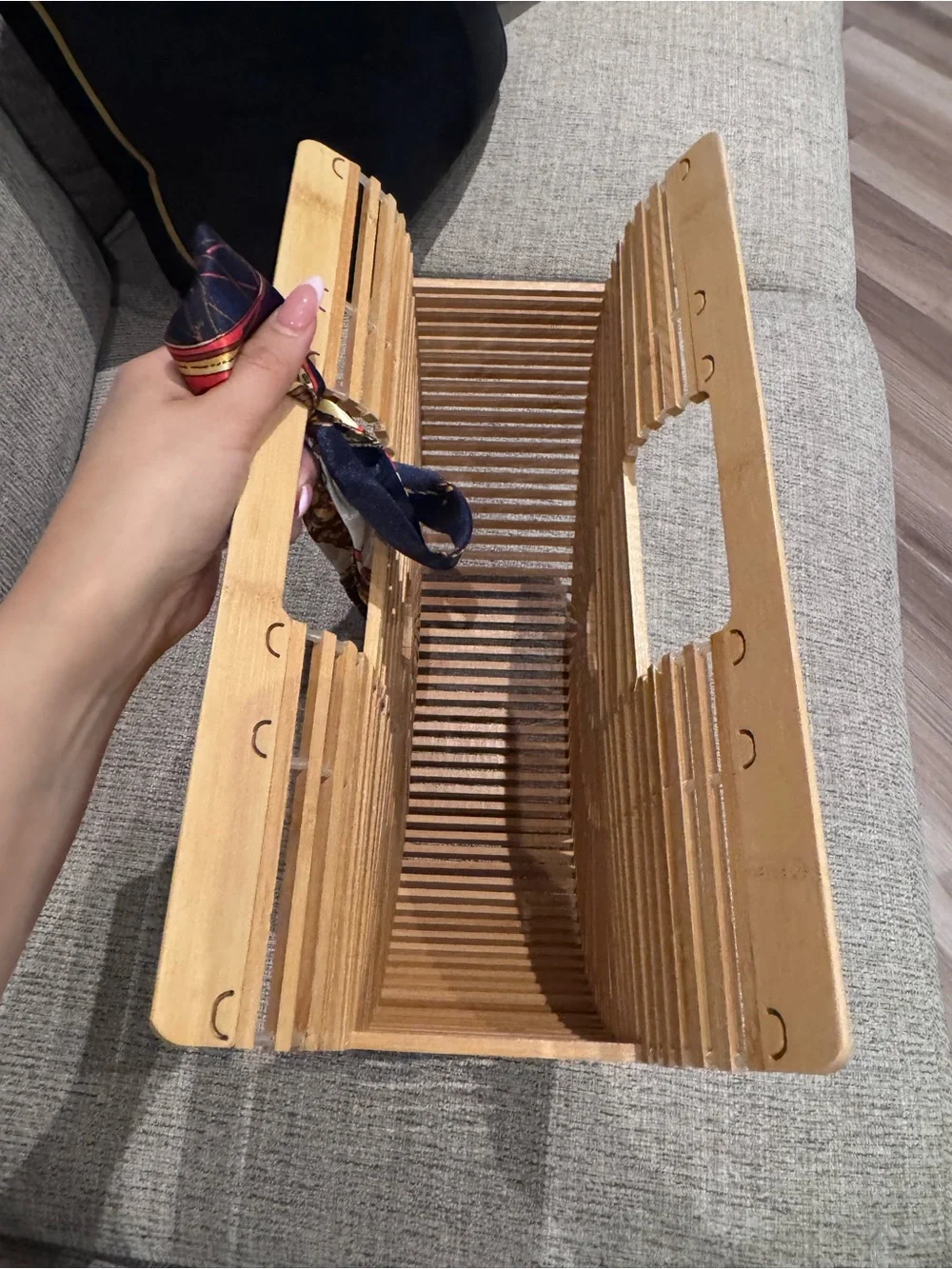 Natural Bamboo Semi-Circle Clutch with Decorative Scarf